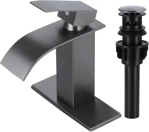 Qomolangma Waterfall Bathroom Faucet, Grey Modern Single Handle Bathroom Faucets for 1 or 3 Hole Bathroom Sink Faucet Mixer Tap Washbasin Faucet with Deck, Pop-up Drain and Supply Hoses