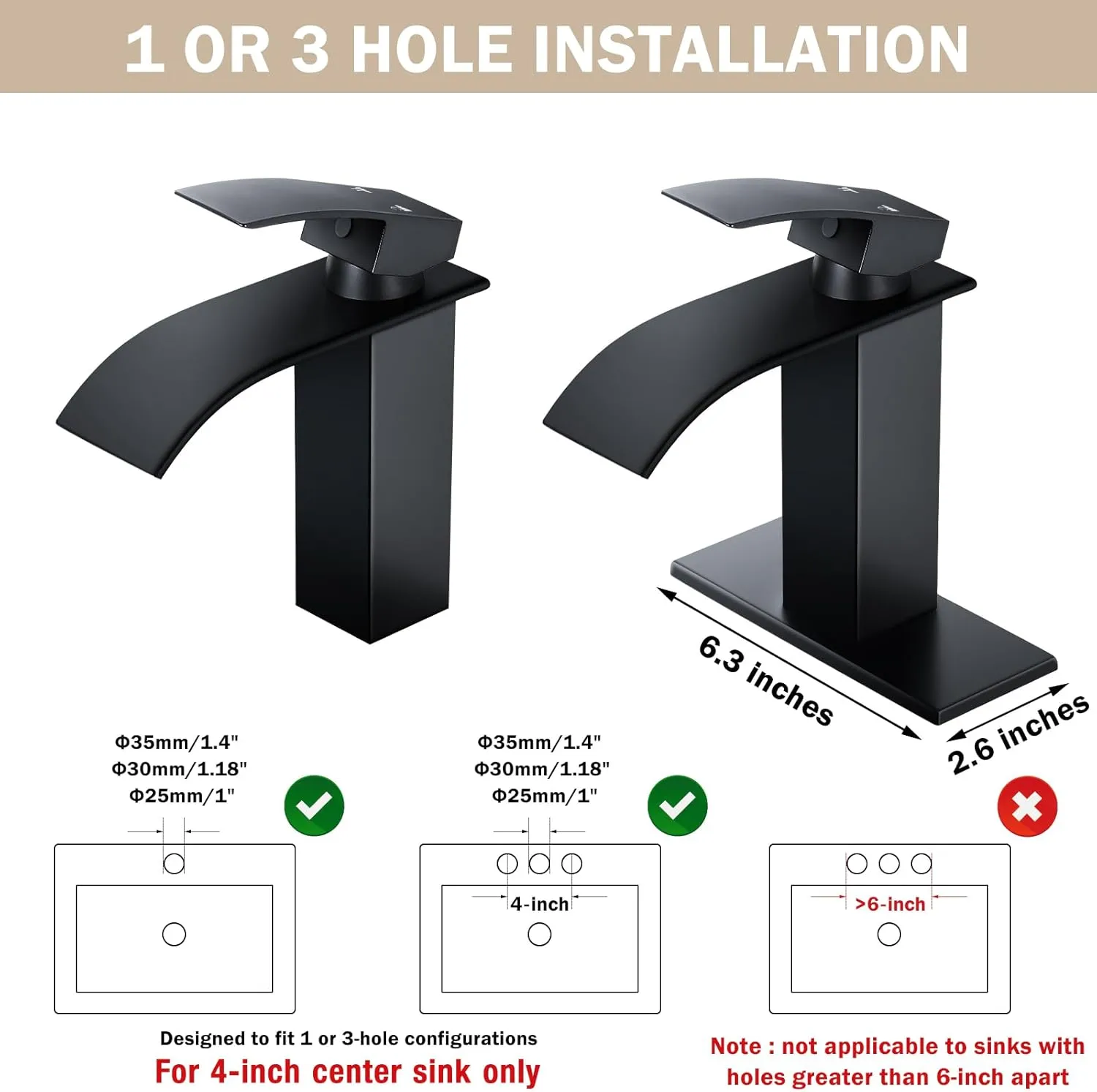 Qomolangma Waterfall Bathroom Faucet, Matte Black Modern Single Handle Bathroom Faucets for 1 or 3 Hole Bathroom Sink Faucet Mixer Tap Washbasin Faucet with Deck, Pop-up Drain and Supply Hoses