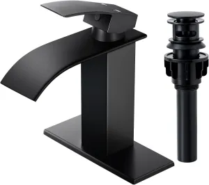 Qomolangma Waterfall Bathroom Faucet, Matte Black Modern Single Handle Bathroom Faucets for 1 or 3 Hole Bathroom Sink Faucet Mixer Tap Washbasin Faucet with Deck, Pop-up Drain and Supply Hoses