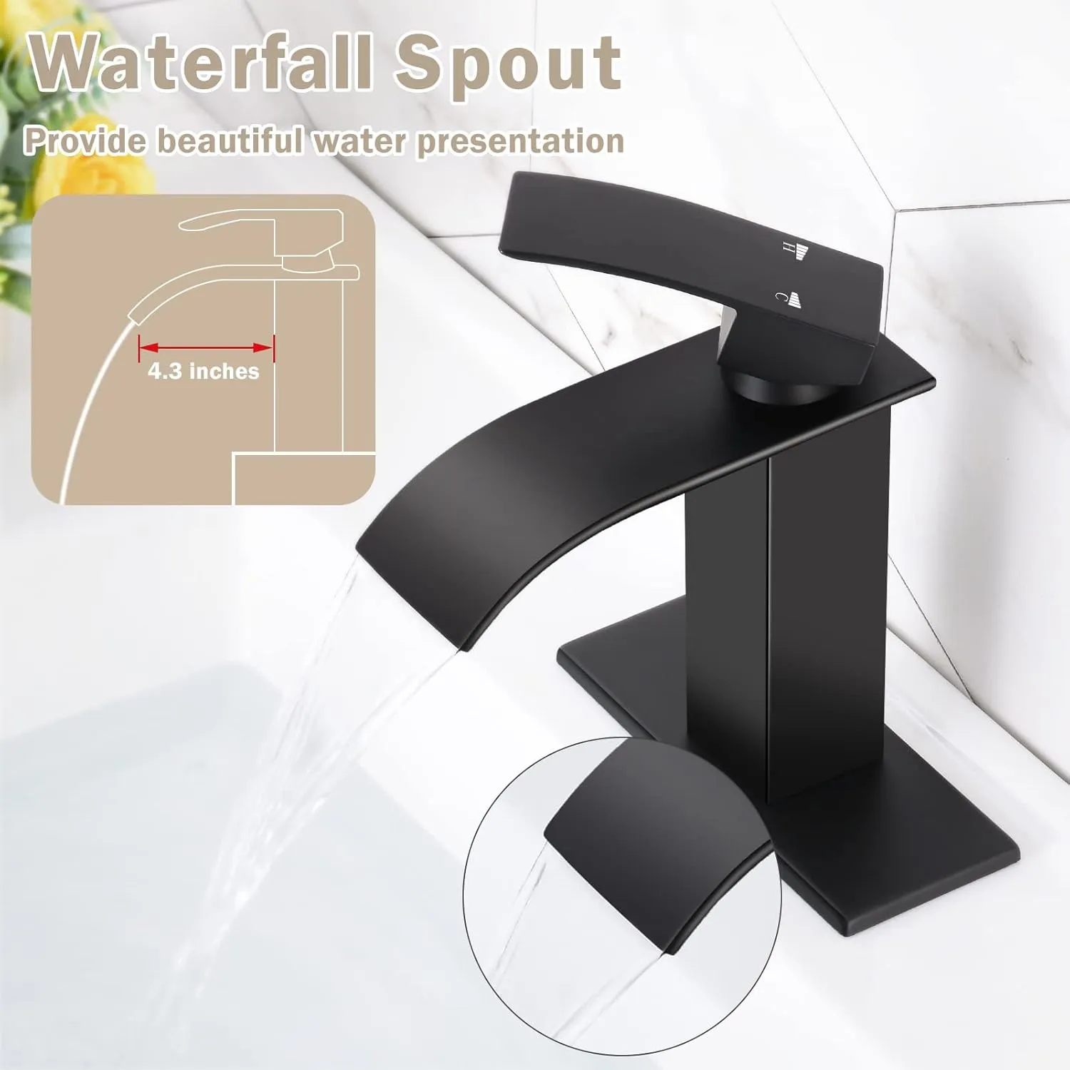 Qomolangma Waterfall Bathroom Faucet, Matte Black Modern Single Handle Bathroom Faucets for 1 or 3 Hole Bathroom Sink Faucet Mixer Tap Washbasin Faucet with Deck, Pop-up Drain and Supply Hoses
