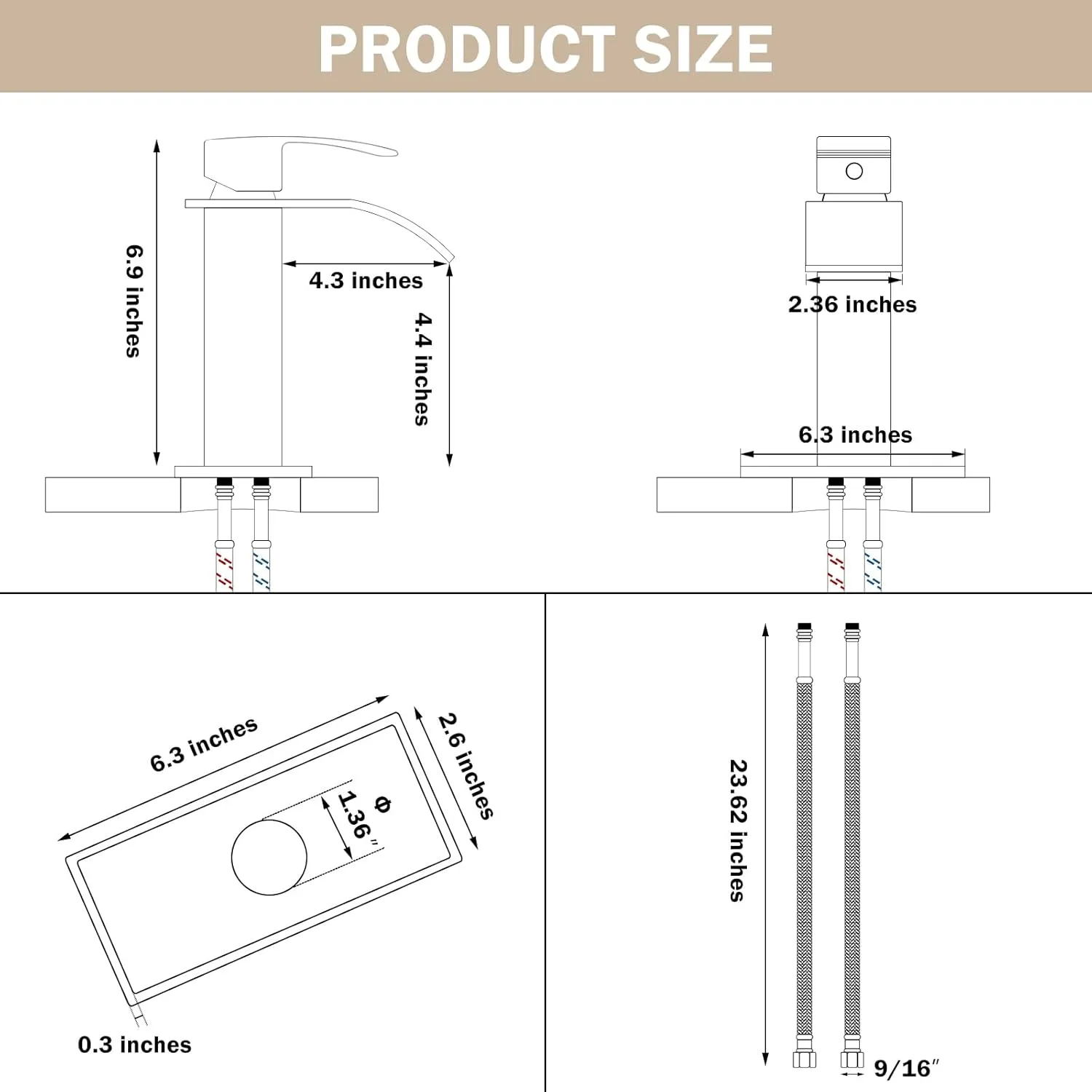 Qomolangma Waterfall Bathroom Faucet, Matte Black Modern Single Handle Bathroom Faucets for 1 or 3 Hole Bathroom Sink Faucet Mixer Tap Washbasin Faucet with Deck, Pop-up Drain and Supply Hoses