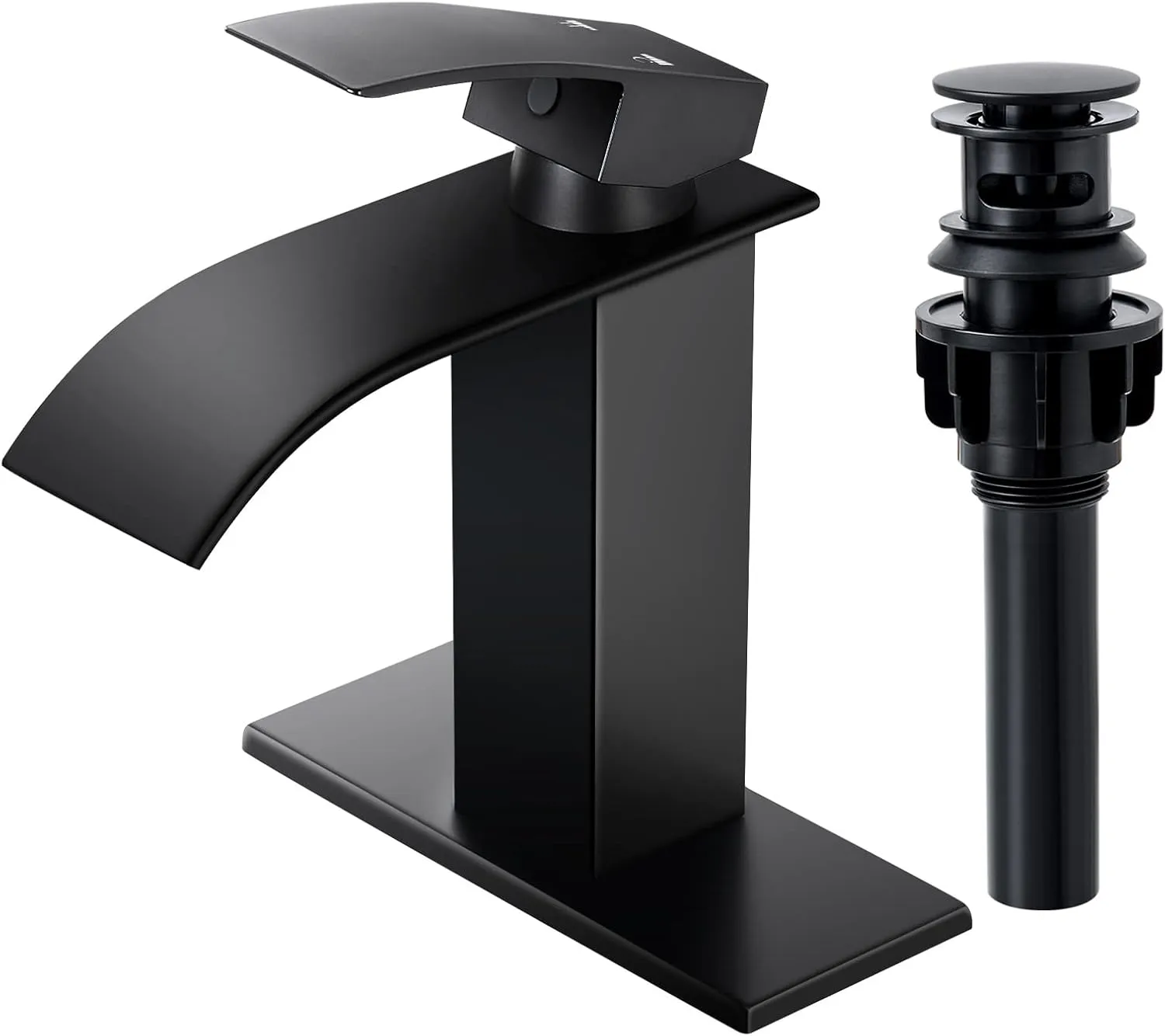 Qomolangma Waterfall Bathroom Faucet, Matte Black Modern Single Handle Bathroom Faucets for 1 or 3 Hole Bathroom Sink Faucet Mixer Tap Washbasin Faucet with Deck, Pop-up Drain and Supply Hoses