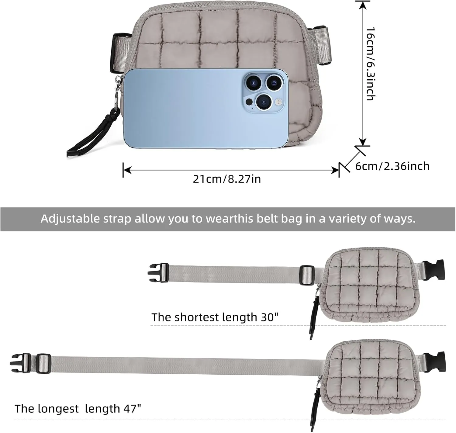 Quilted Puffer Belt Bag, Everywhere Waist Fanny Packs, Lightweight Crossbody Bag with Adjustable Strap, Gray