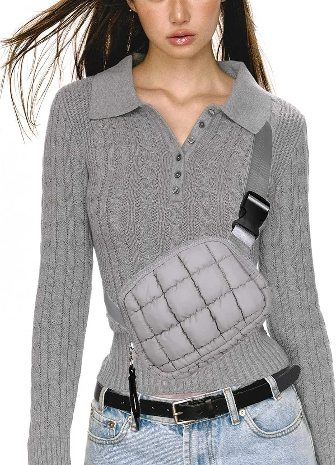Quilted Puffer Belt Bag, Everywhere Waist Fanny Packs, Lightweight Crossbody Bag with Adjustable Strap, Gray