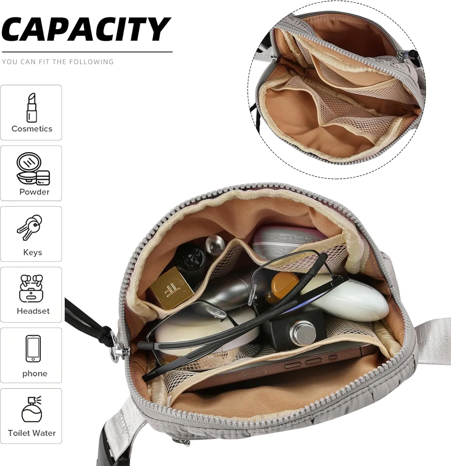Quilted Puffer Belt Bag, Everywhere Waist Fanny Packs, Lightweight Crossbody Bag with Adjustable Strap, Gray