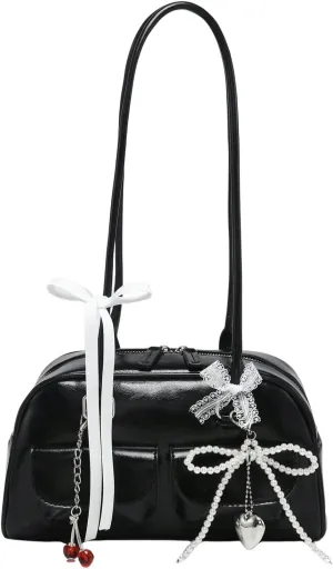 QWINEE Women's Cute Bow Shoulder Bag Zipper Double Handle Small Underarm Purse Y2K Handbags