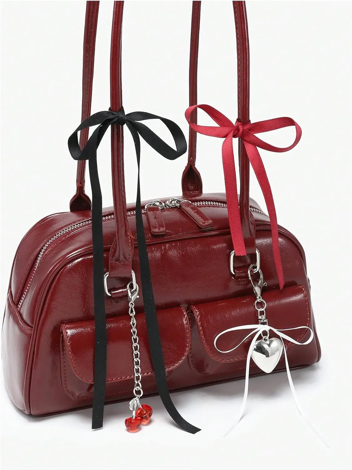 QWINEE Women's Cute Bow Shoulder Bag Zipper Double Handle Small Underarm Purse Y2K Handbags