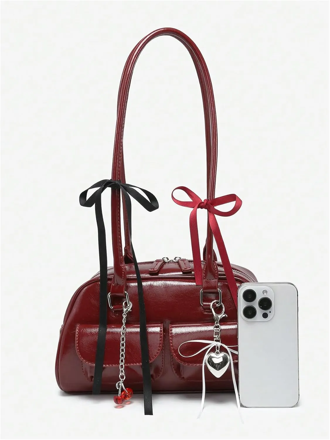 QWINEE Women's Cute Bow Shoulder Bag Zipper Double Handle Small Underarm Purse Y2K Handbags