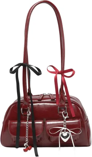 QWINEE Women's Cute Bow Shoulder Bag Zipper Double Handle Small Underarm Purse Y2K Handbags