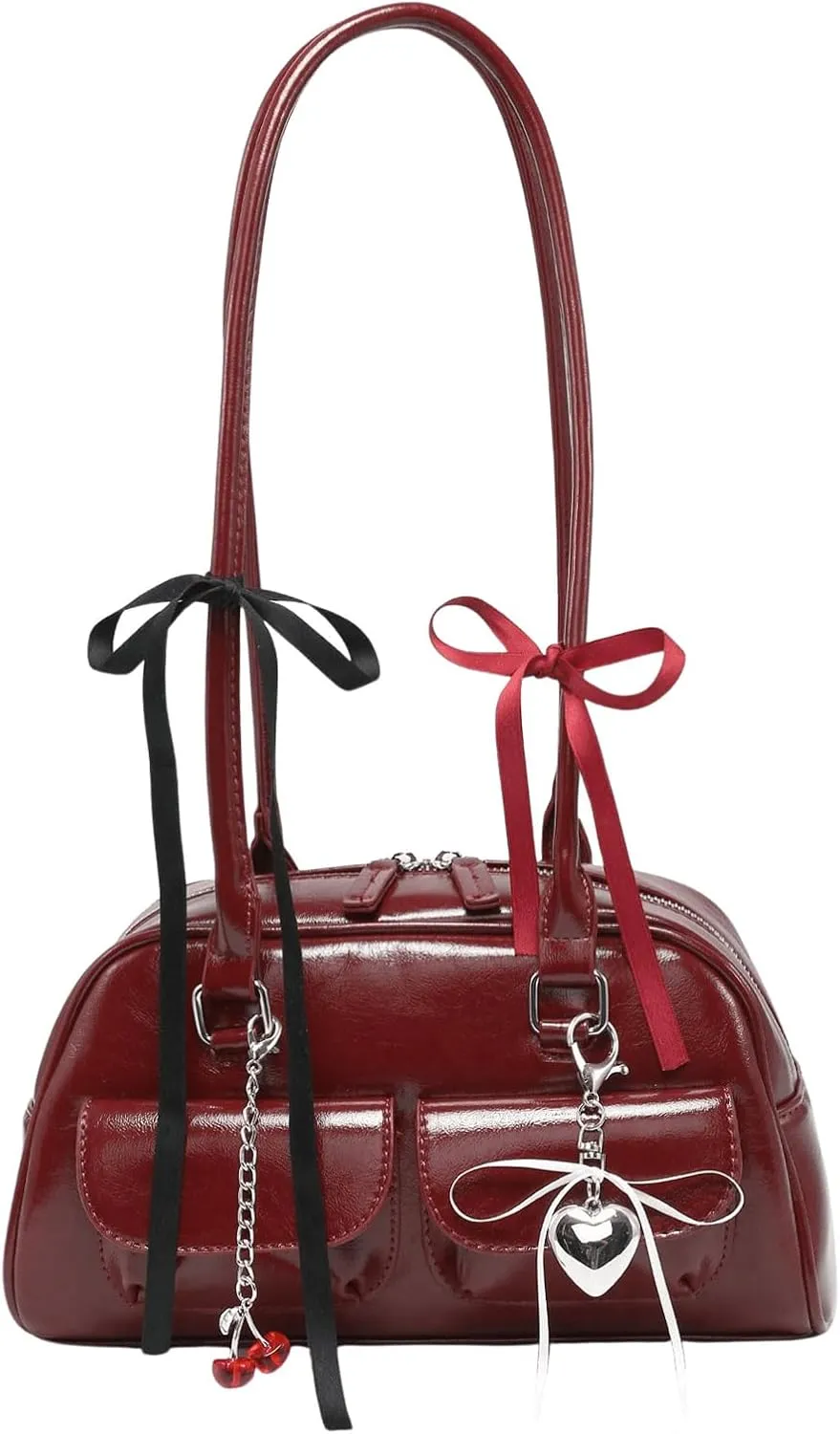 QWINEE Women's Cute Bow Shoulder Bag Zipper Double Handle Small Underarm Purse Y2K Handbags