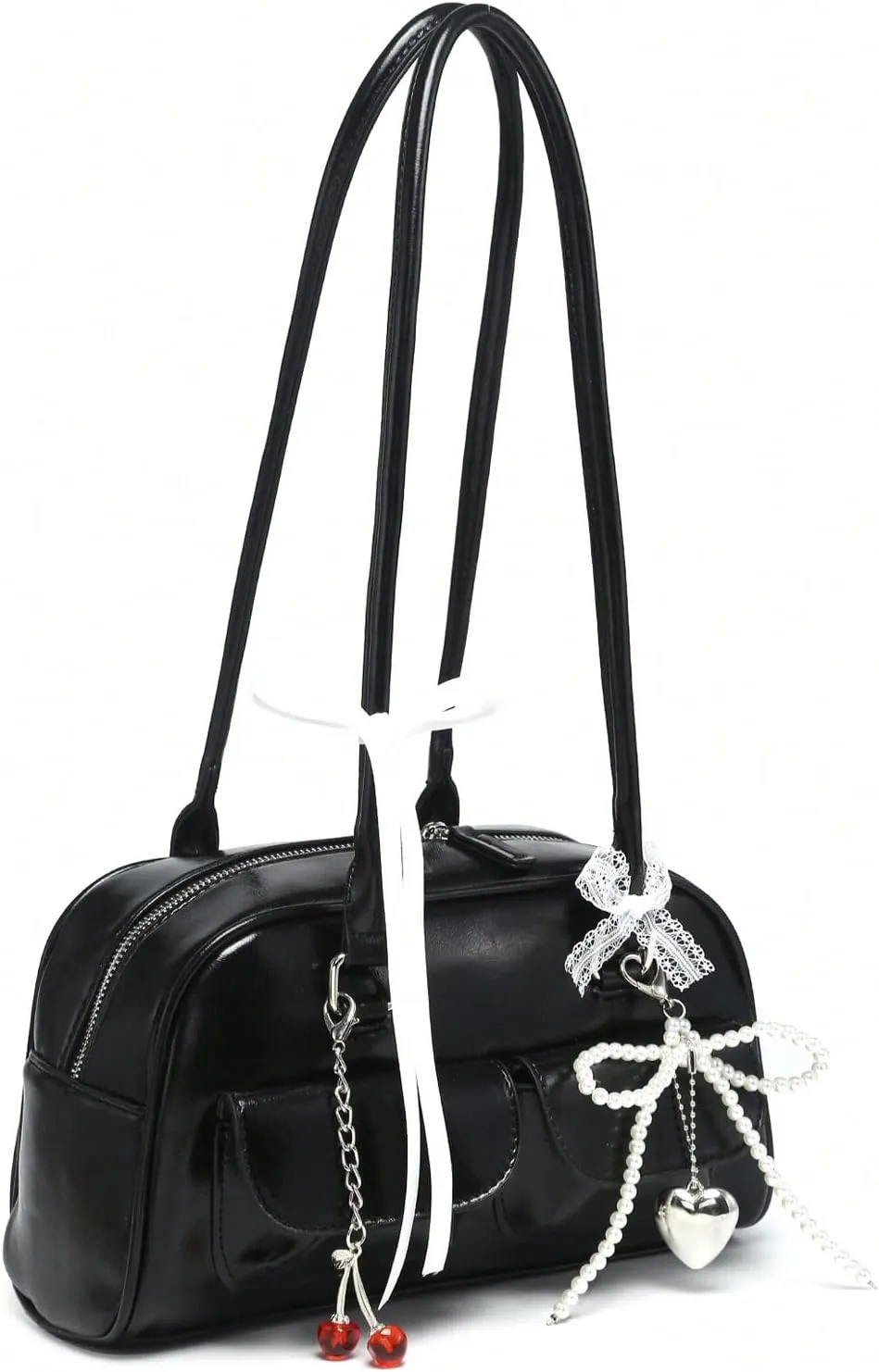 QWINEE Women's Cute Bow Shoulder Bag Zipper Double Handle Small Underarm Purse Y2K Handbags