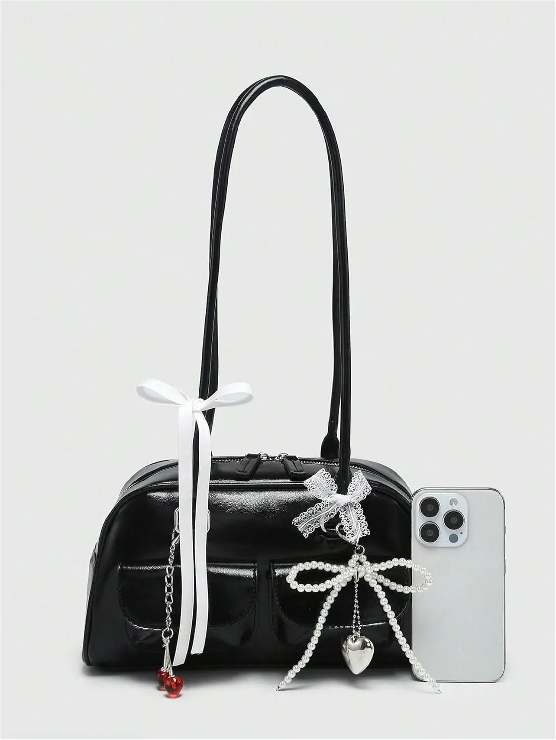 QWINEE Women's Cute Bow Shoulder Bag Zipper Double Handle Small Underarm Purse Y2K Handbags