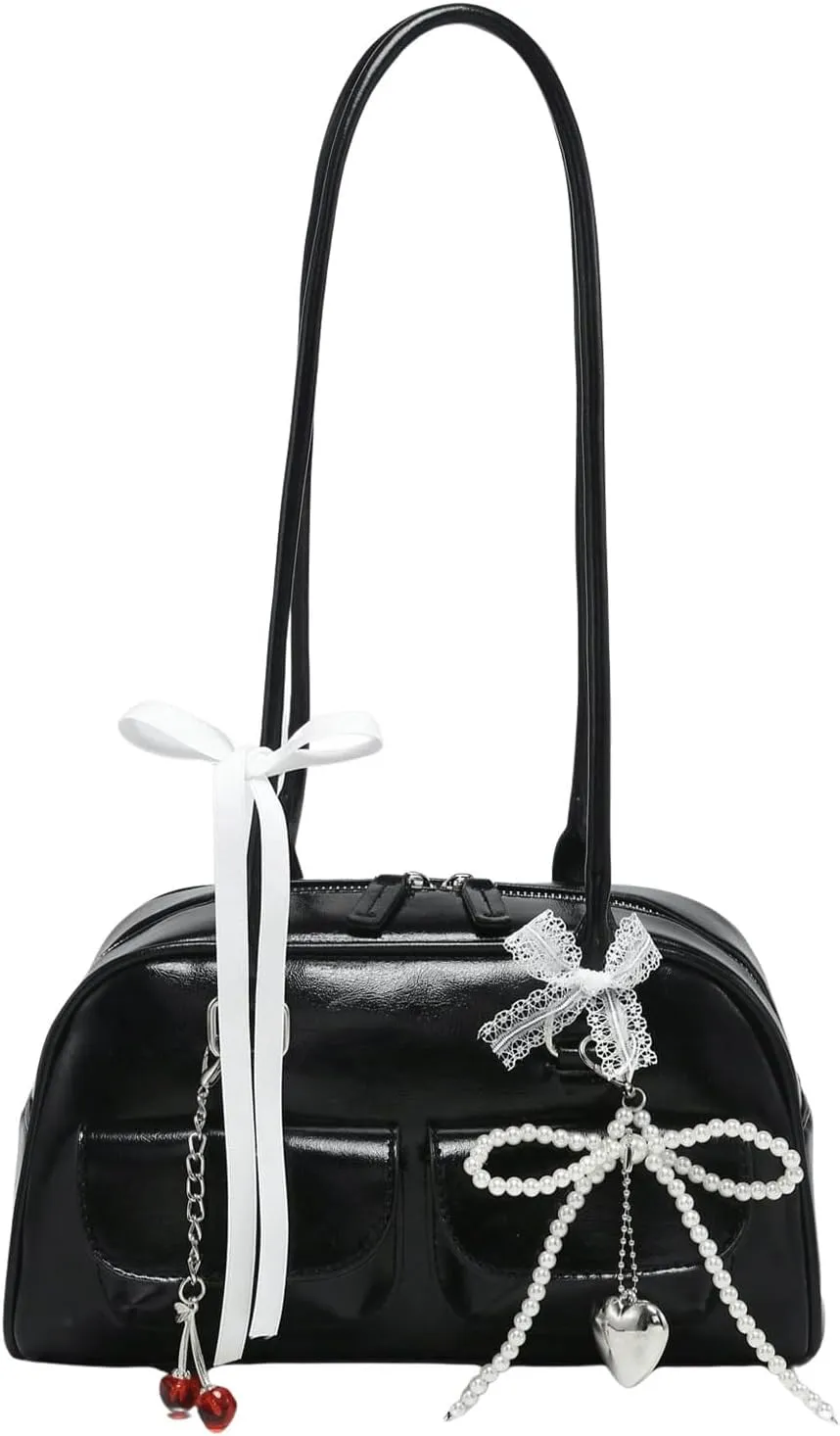 QWINEE Women's Cute Bow Shoulder Bag Zipper Double Handle Small Underarm Purse Y2K Handbags