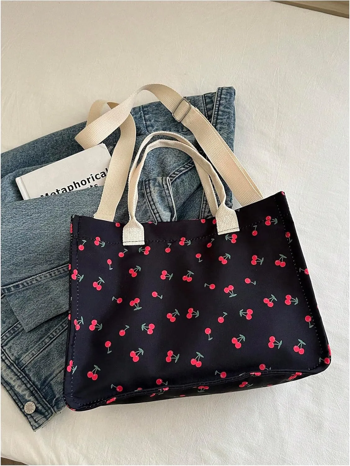 QWINEE Women's Cute Strawberry Tote Bag Double Handle Large Capacity Handbag with Adjustable Strap