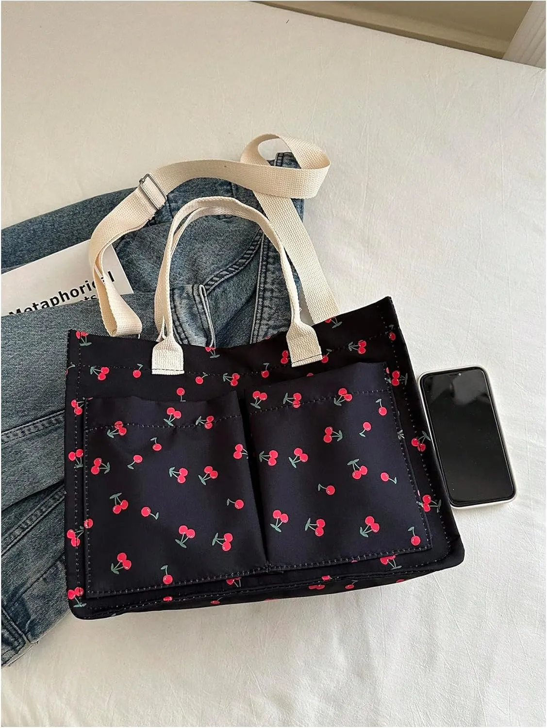 QWINEE Women's Cute Strawberry Tote Bag Double Handle Large Capacity Handbag with Adjustable Strap