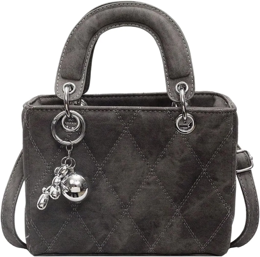 QWINEE Women's Retro Vintage Double Handle Handbag Zipper Geo Quilted Small Crossbody Bags