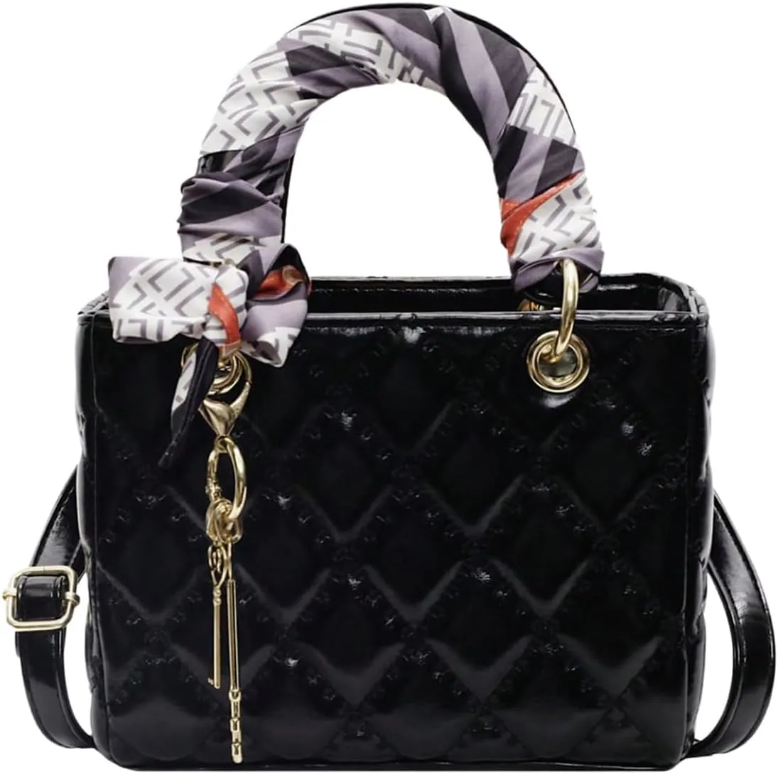 QWINEE Women's Retro Vintage Double Handle Handbag Zipper Geo Quilted Small Crossbody Bags
