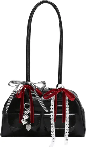 QWINEE Women's Y2K Leopard Print Bow Lace Shoulder Bag Zipper Double Handle Underarm Purse Retro Trendy Purses