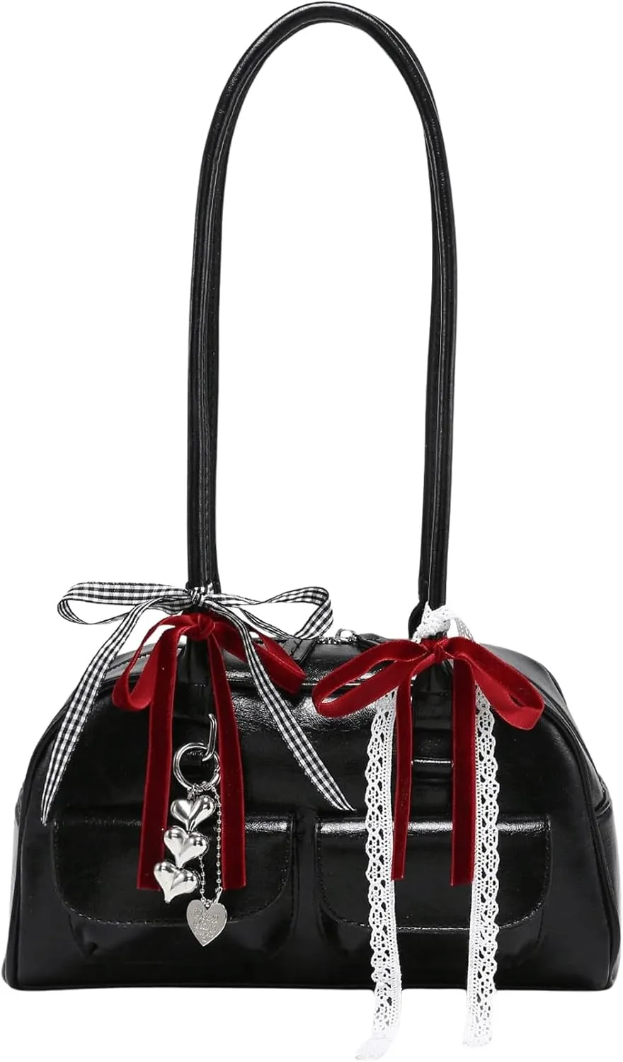 QWINEE Women's Y2K Leopard Print Bow Lace Shoulder Bag Zipper Double Handle Underarm Purse Retro Trendy Purses