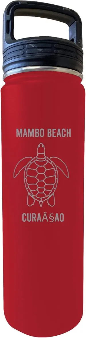 R and R Imports Mambo Beach Curaçao Souvenir 32 Oz Engraved Red Insulated Double Wall Stainless Steel Water Bottle Tumbler