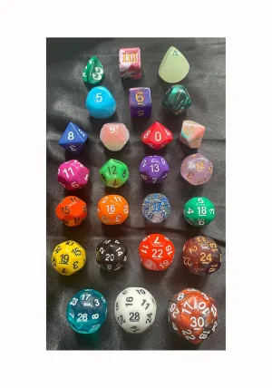 Rainbow - 25 Unusual Dice RPG Set - D3s, D4, D5, D6, D7, D8, D9, D10, D, D11, D12, D13, D14, D15, D16, D17, D18, D19, D20, D22, D24, D26, D28 & D30
