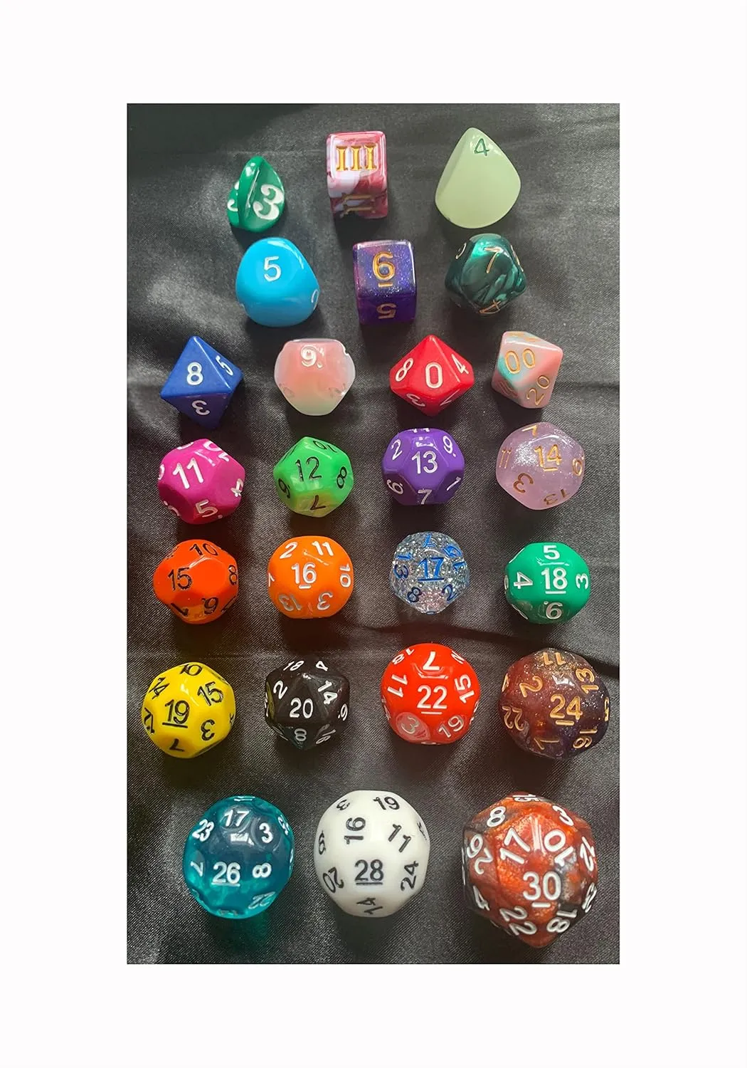 Rainbow - 25 Unusual Dice RPG Set - D3s, D4, D5, D6, D7, D8, D9, D10, D, D11, D12, D13, D14, D15, D16, D17, D18, D19, D20, D22, D24, D26, D28 & D30