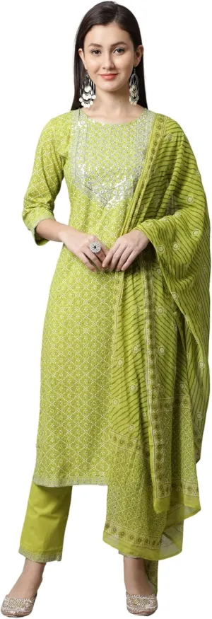 Rajnandini Women's Pure Jaipur Printed Cotton Jaipuri Printed Kurta Set With Dupatta (JOPLVL281-P_Mehndi Green)