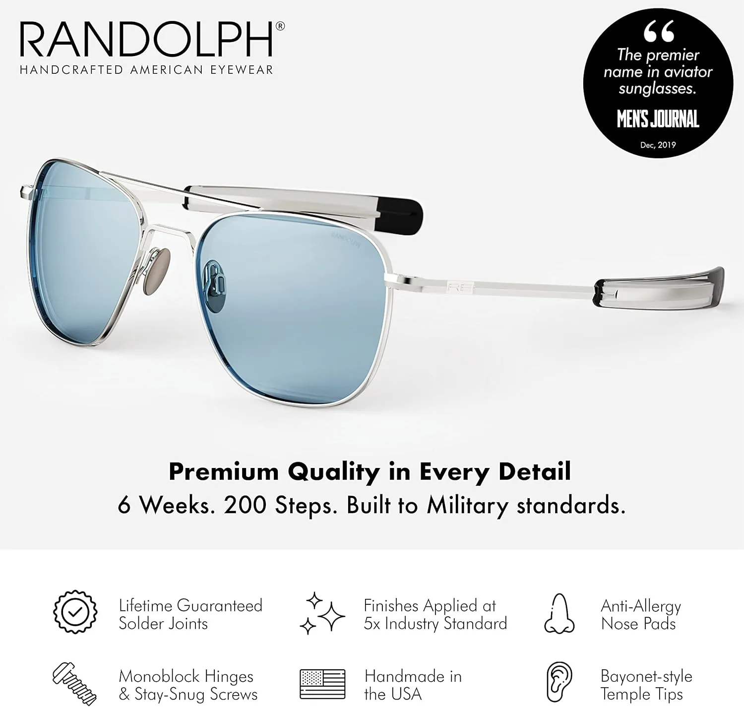 Randolph USA | 23k White Gold Classic Aviator Sunglasses for Men or Women 100% UV