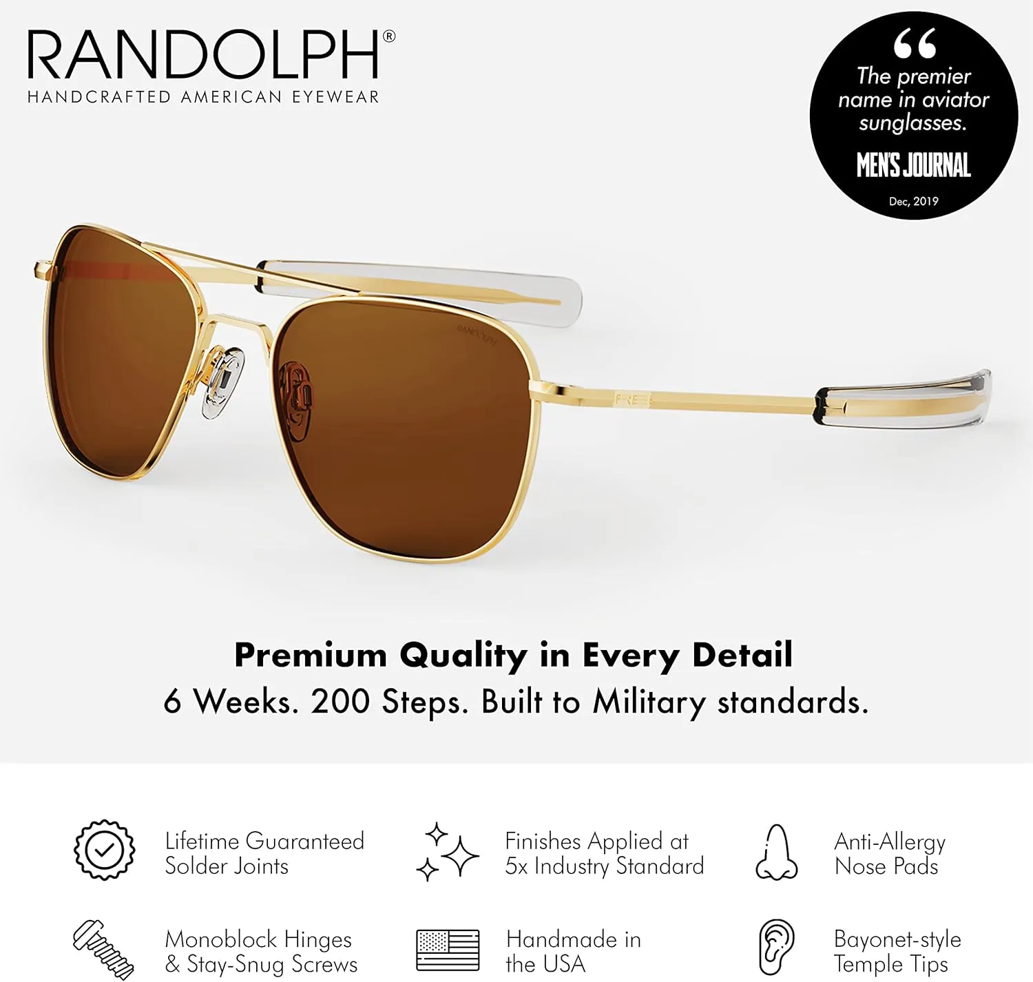 Randolph USA | Gold Classic Aviator Sunglasses for Men or Women 100% UV