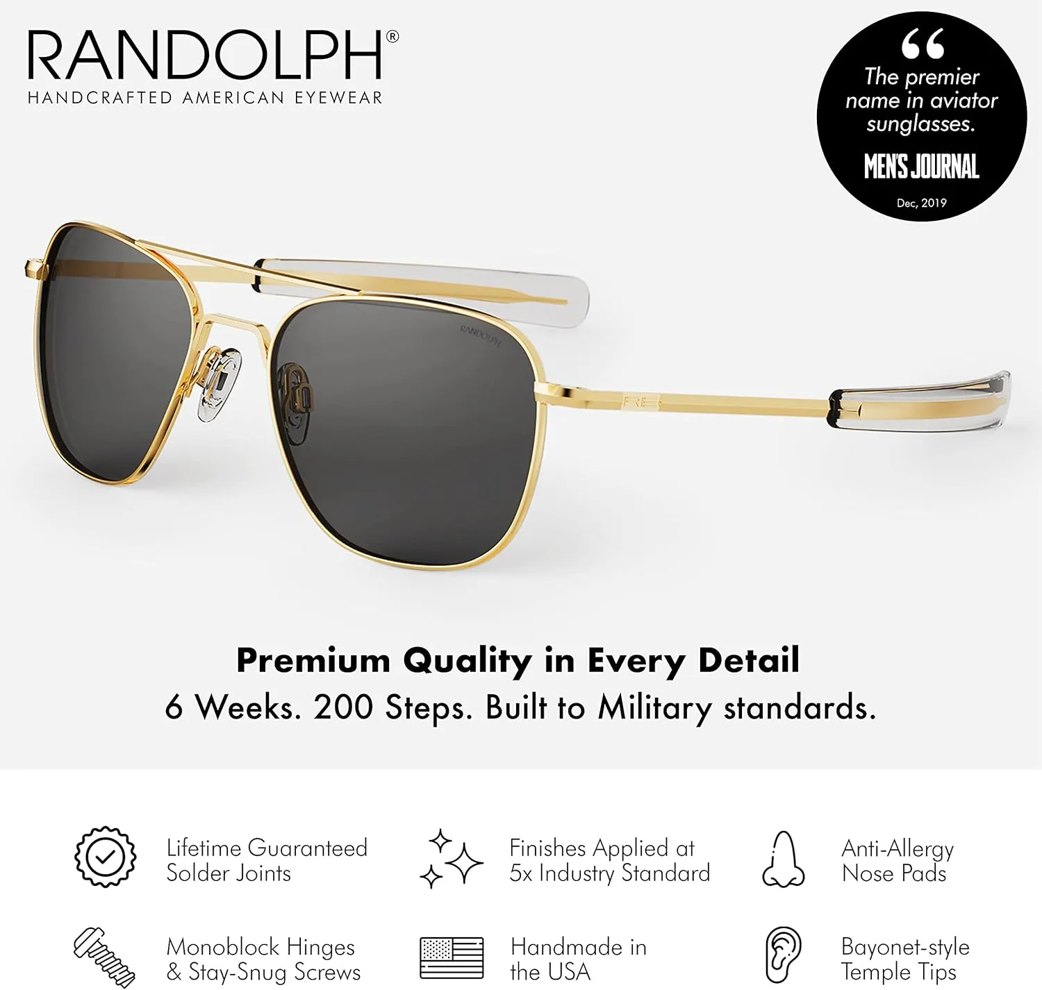 Randolph USA | Gold Classic Aviator Sunglasses for Men or Women 100% UV
