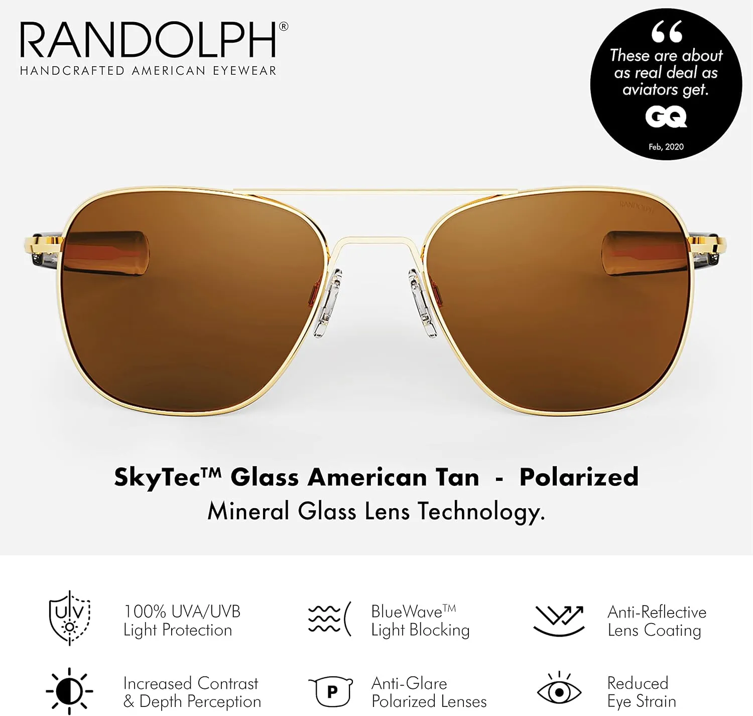 Randolph USA | Gold Classic Aviator Sunglasses for Men or Women 100% UV
