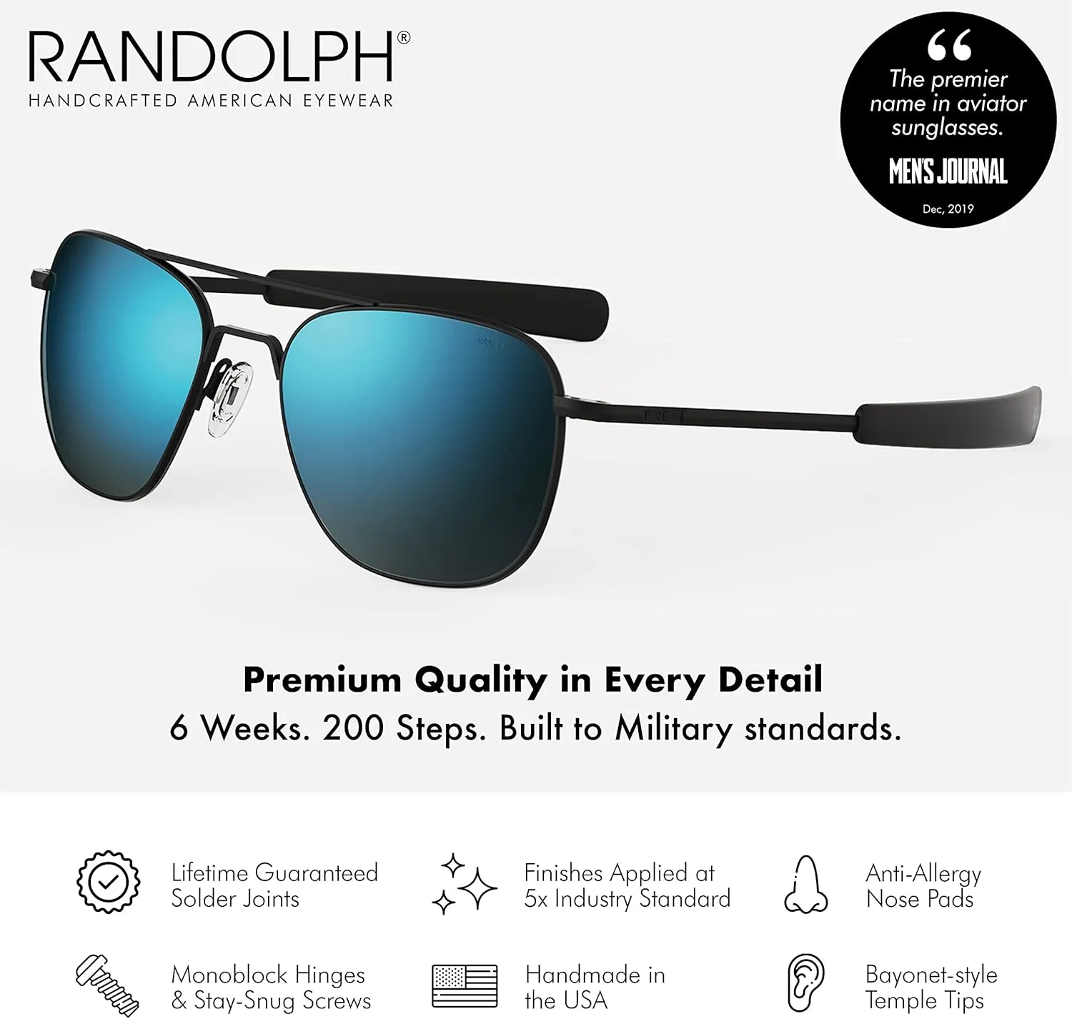 Randolph USA | Matte Black Classic Aviator Sunglasses for Men or Women 100% UV