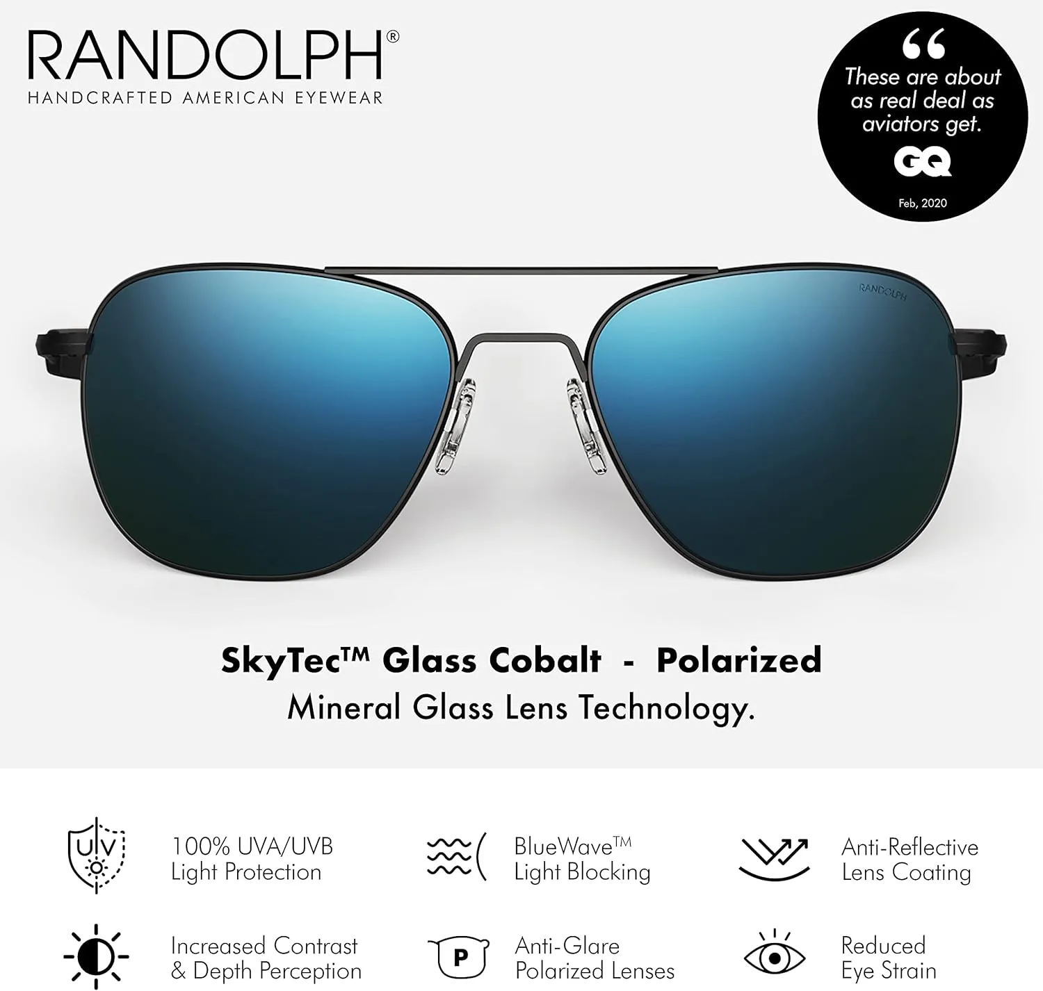 Randolph USA | Matte Black Classic Aviator Sunglasses for Men or Women 100% UV