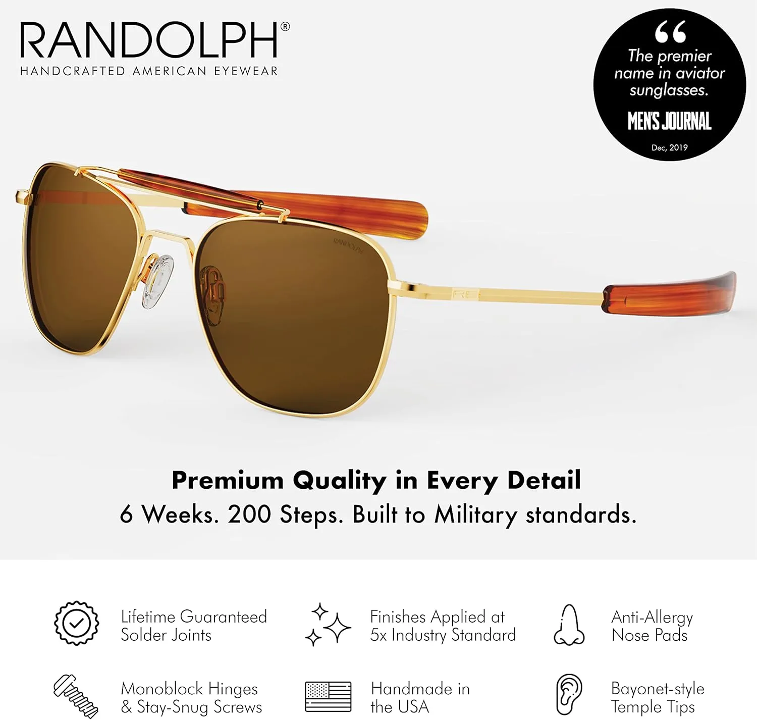 Randolph USA | Navigator Aviator II Authentic Sunglasses for Men Polarized 100% UV