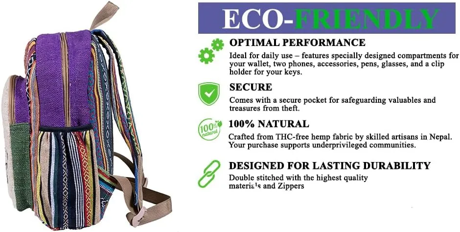 RARA Natural Handmade-Unique design eco-friendly Hemp Hippie backpack, very popular in FAIR TRADE Beautiful light weight backpack for college Adults. (Peace Hand), Medium