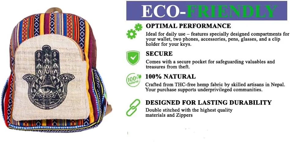 RARA Natural Handmade-Unique design eco-friendly Hemp Hippie backpack, very popular in FAIR TRADE Beautiful light weight backpack for college Adults. (Peace Hand), Medium