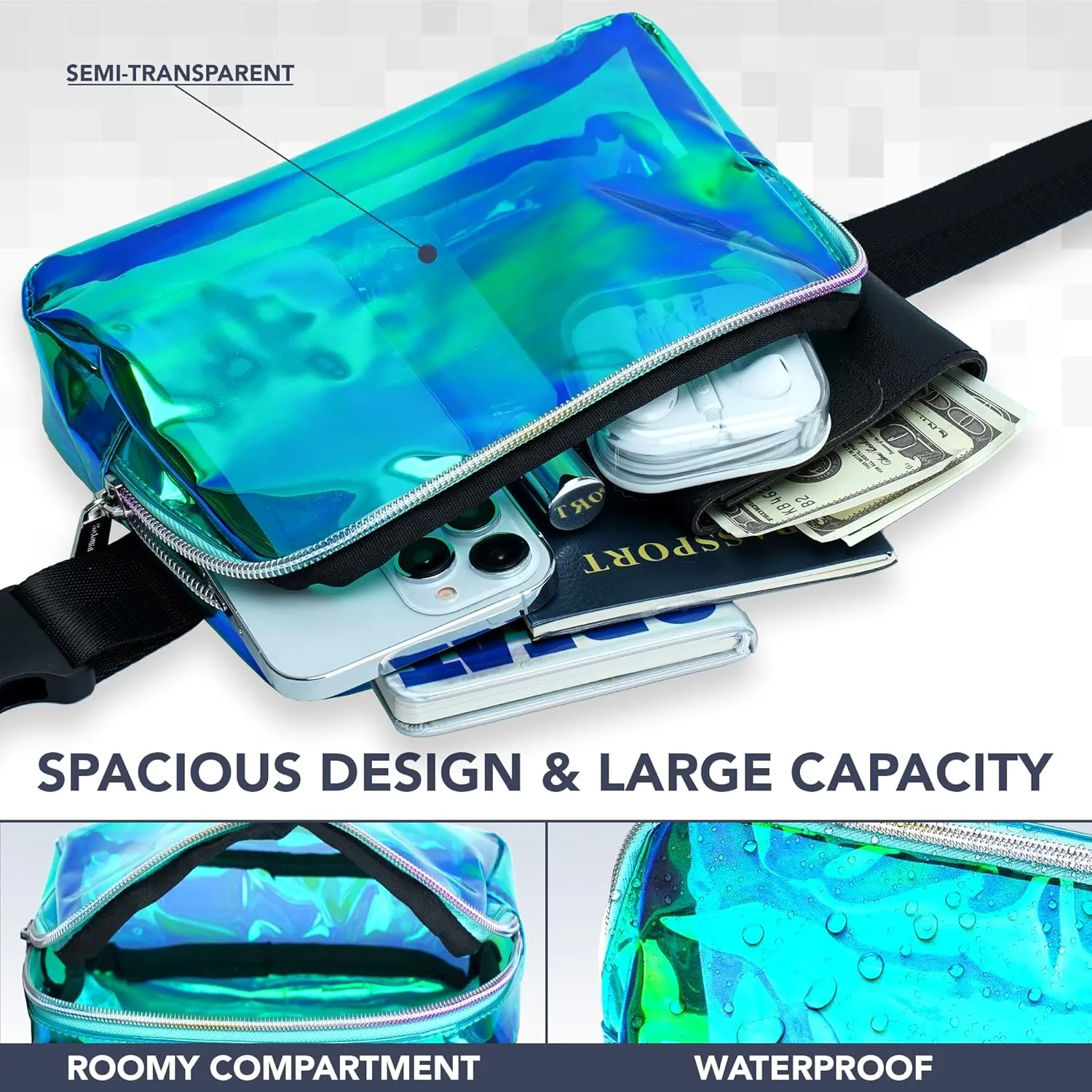 Rave Laser Aqua Crossbody Belt Bag for Women – Stylish Fanny Pack, Functional and Fashion Waist Packs for Travel, Festivals, and Everyday Use