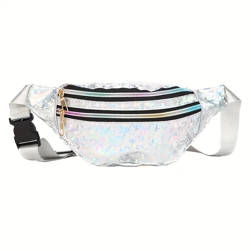 realaiot  Holographic Waist Bags, Women Silver Fanny Pack, Female Belt Bag, Geometric Waist Packs, Laser Chest Phone Pouch, Bum Bag