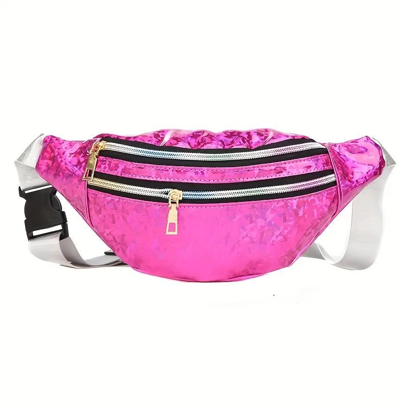 realaiot  Holographic Waist Bags, Women Silver Fanny Pack, Female Belt Bag, Geometric Waist Packs, Laser Chest Phone Pouch, Bum Bag
