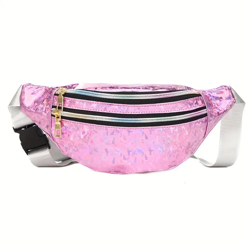 realaiot  Holographic Waist Bags, Women Silver Fanny Pack, Female Belt Bag, Geometric Waist Packs, Laser Chest Phone Pouch, Bum Bag