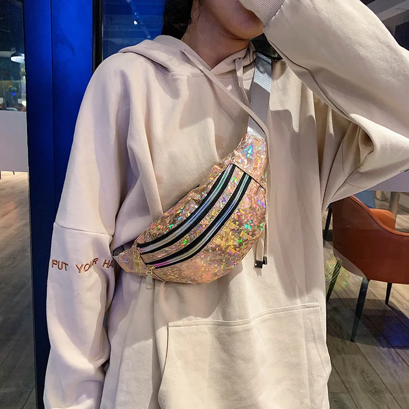 realaiot  Holographic Waist Bags, Women Silver Fanny Pack, Female Belt Bag, Geometric Waist Packs, Laser Chest Phone Pouch, Bum Bag