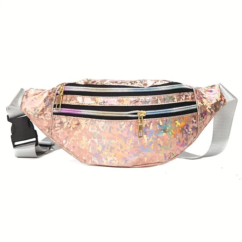 realaiot  Holographic Waist Bags, Women Silver Fanny Pack, Female Belt Bag, Geometric Waist Packs, Laser Chest Phone Pouch, Bum Bag