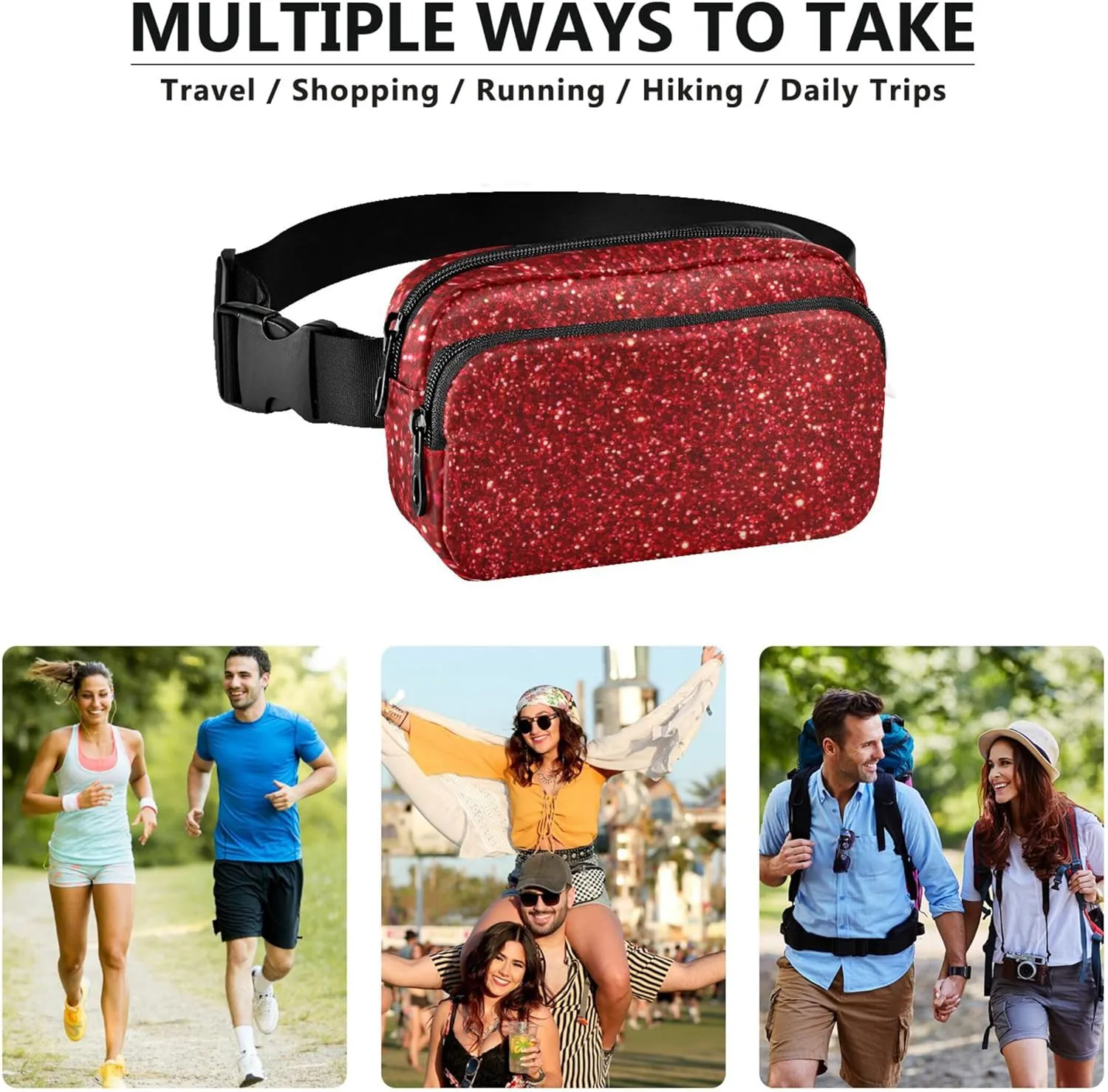 Red Glitter Fanny Packs for Women Waterproof Hip Pack Belt Pouch Cute Waist Pack for Women