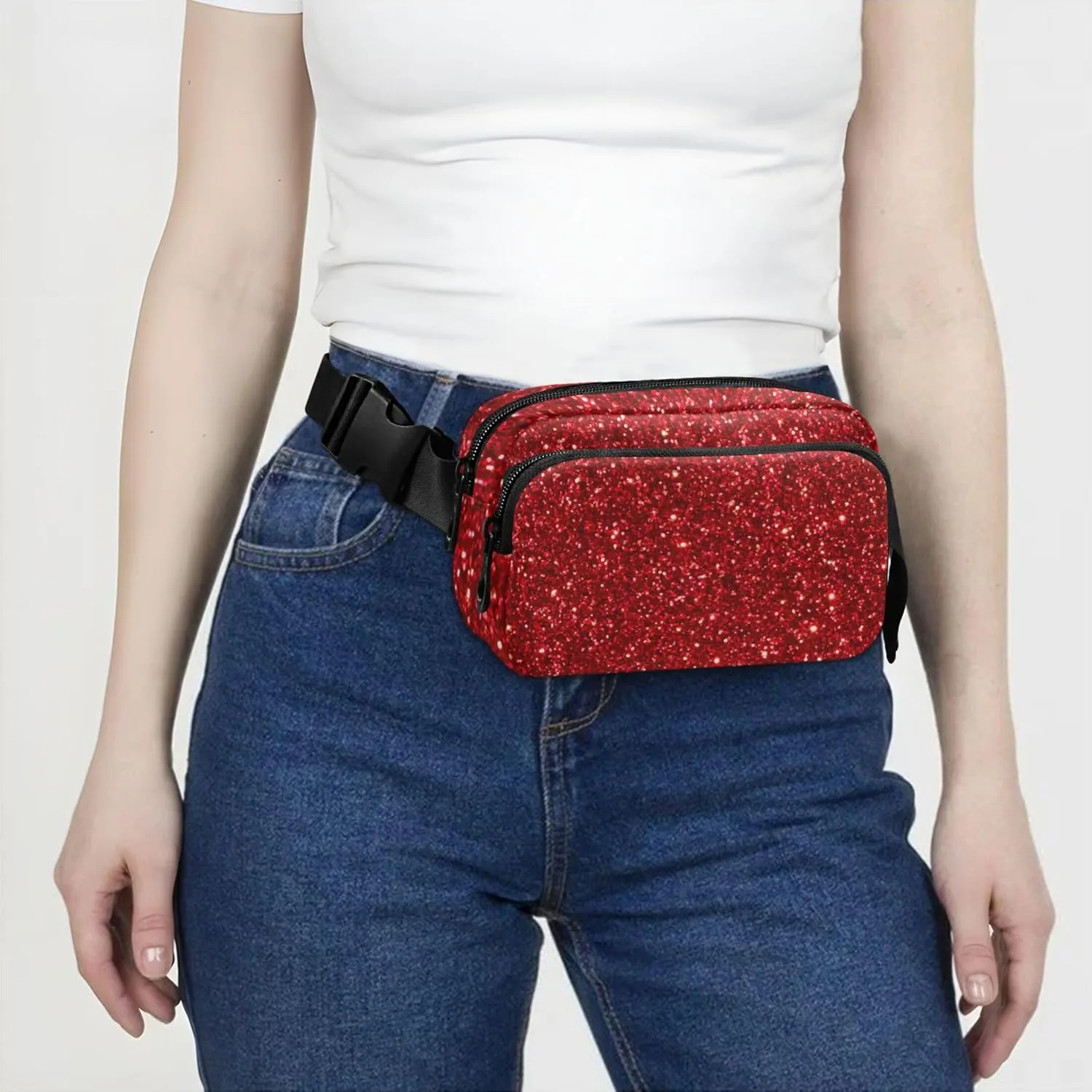 Red Glitter Fanny Packs for Women Waterproof Hip Pack Belt Pouch Cute Waist Pack for Women