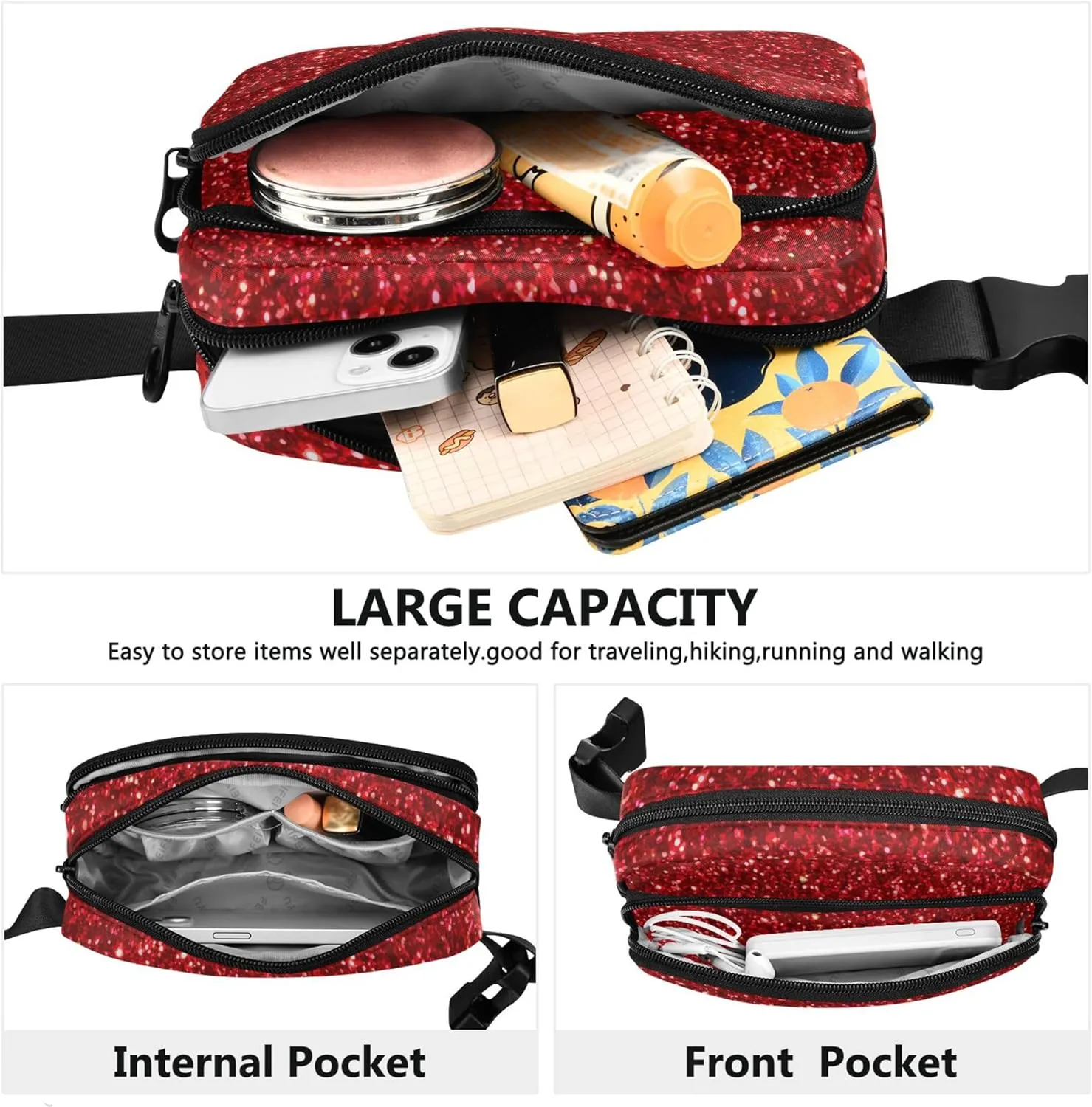 Red Glitter Fanny Packs for Women Waterproof Hip Pack Belt Pouch Cute Waist Pack for Women