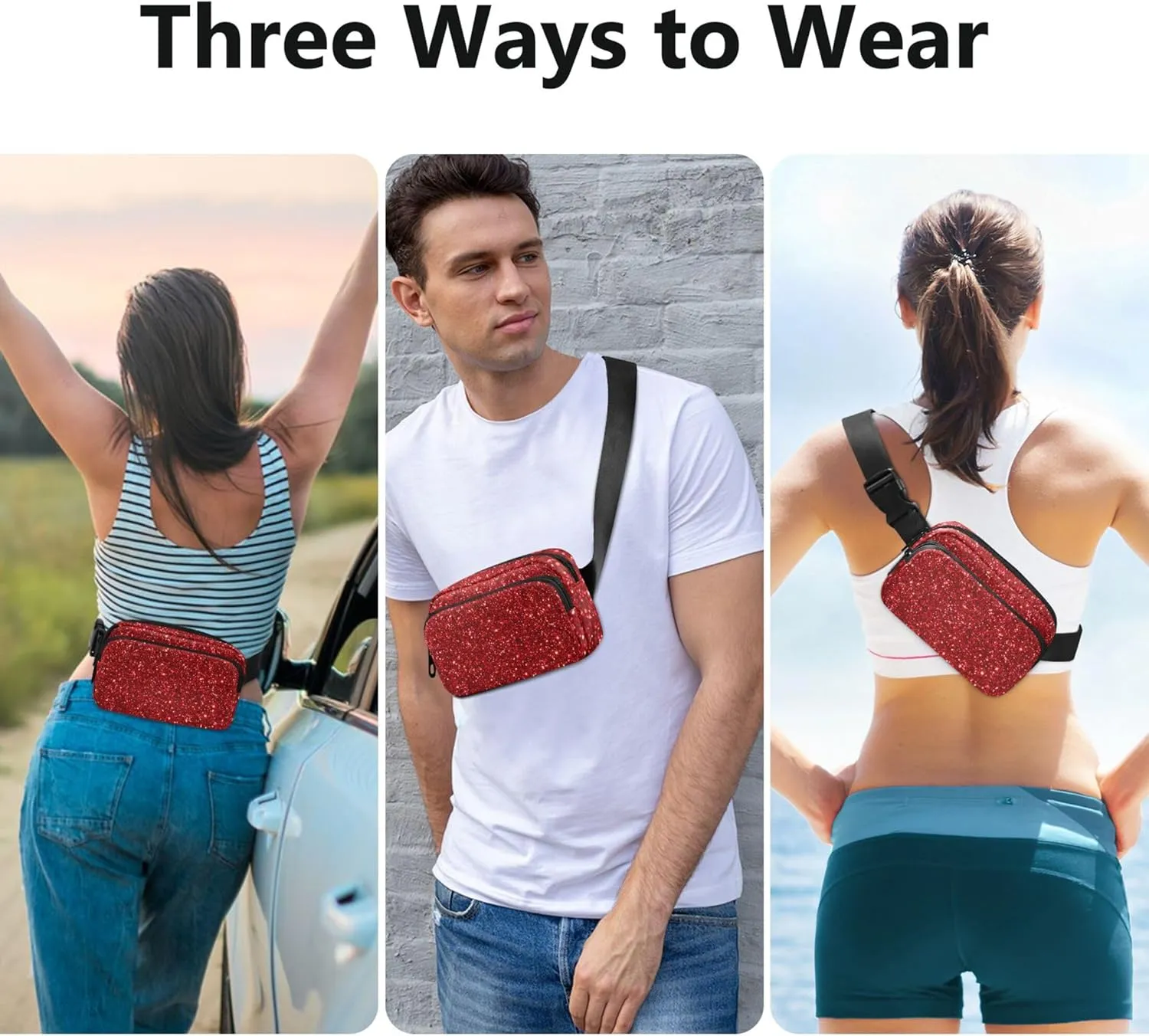 Red Glitter Fanny Packs for Women Waterproof Hip Pack Belt Pouch Cute Waist Pack for Women