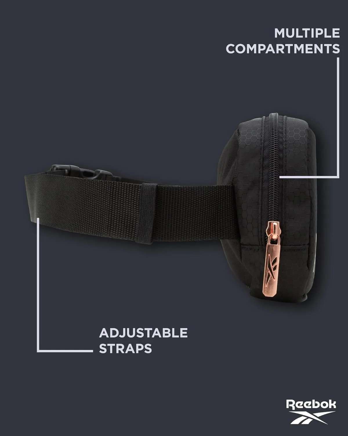 Reebok Fanny Pack - Lightweight Stylish Crossbody Waist Belt Bags for Women and Men with Adjustable Strap, Size One Size, Cape Black
