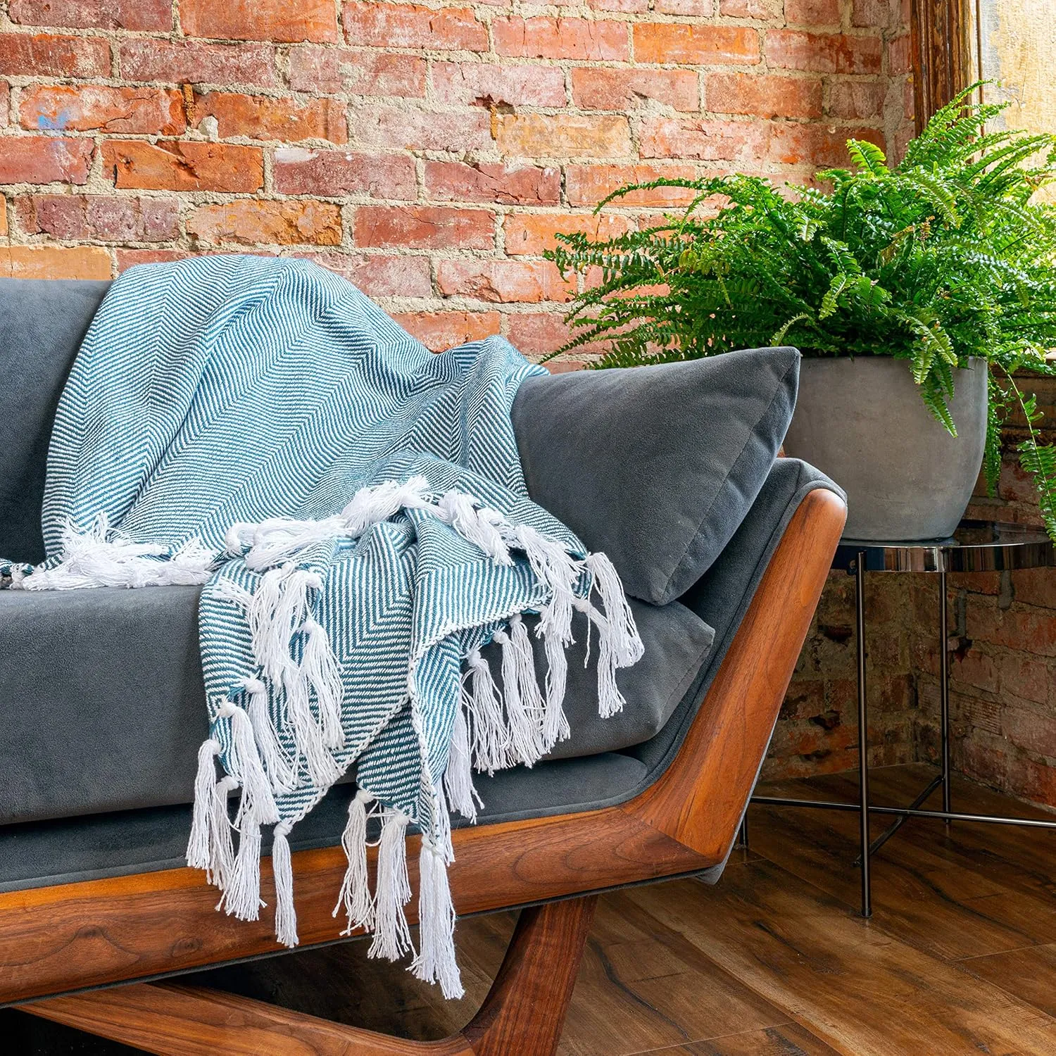 Refinery29 | Athena Collection | Premium Cotton Textured Throw Blanket, Handloom Trim Throw Blanket (Blue), 50" x 70"