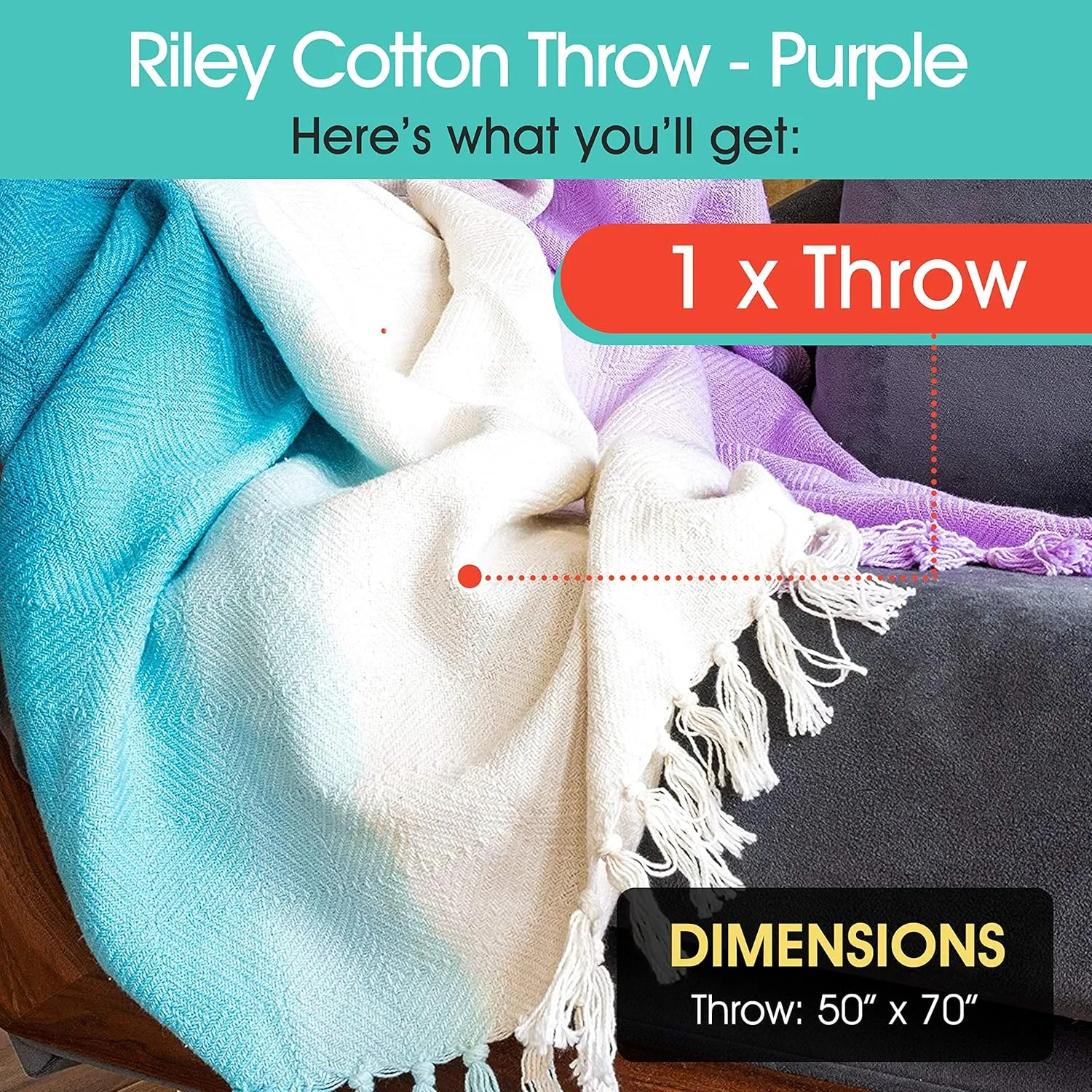 Refinery29 | Riley Collection | Premium Cotton Textured Throw Blanket, Modern Design for Luxury Home Décor (50 x 70, Purple)