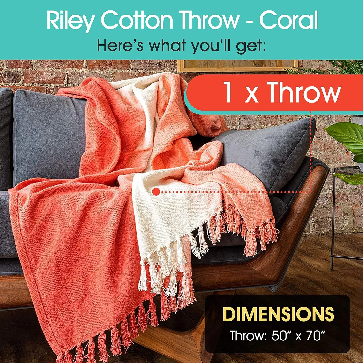 Refinery29 | Riley Collection | Premium Cotton Textured Throw Blanket, Modern Dip Dye Fringe Design for Luxury Home Décor (50 x 70, Coral)